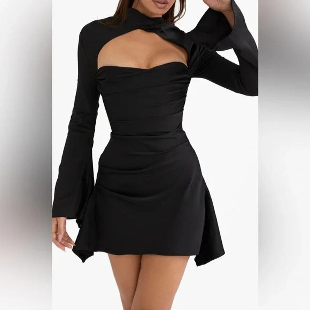 Nwot House Of Cb Toira Keyhole Mini Flare Satin Black Dress Size Xs